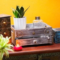 Antique White Wooden Tray Box Organizer with Brass Work