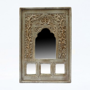 Antique Grey Wooden Hand Carved Jharokha Style Mirror Frame