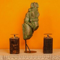 Antique finish carved wooden horse head sculpture iron stand Indian home decor