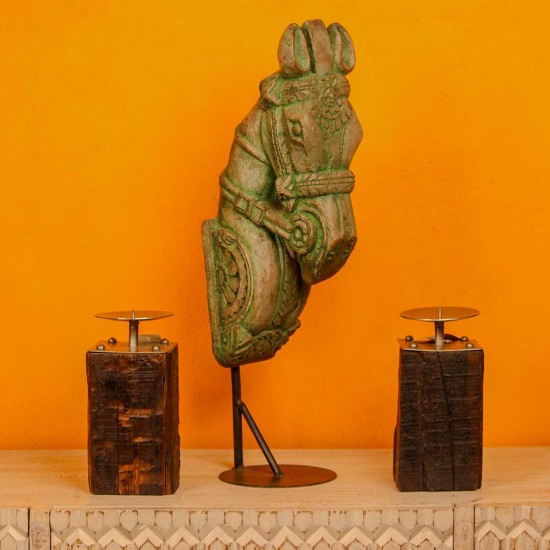 Antique finish carved wooden horse head sculpture iron stand Indian home decor