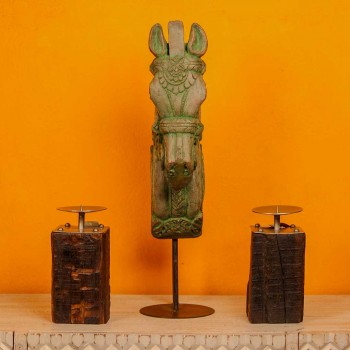 Antique finish carved wooden horse head sculpture iron stand Indian home decor