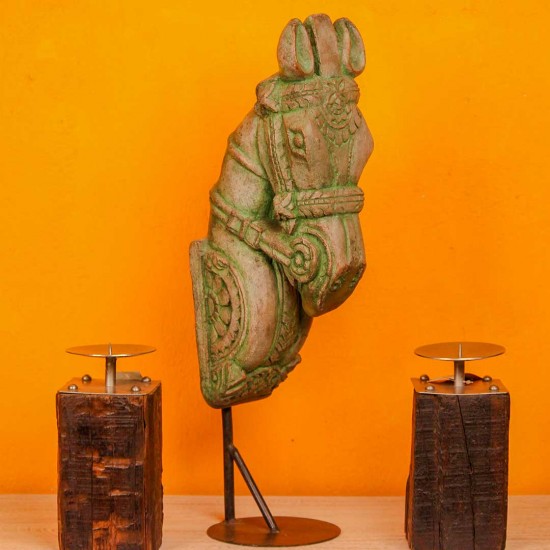 Antique finish carved wooden horse head sculpture iron stand Indian home decor