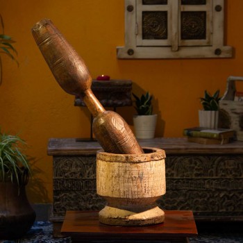 Distressed white wooden okhli vintage Indian decor accent