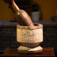 Distressed white wooden okhli vintage Indian decor accent