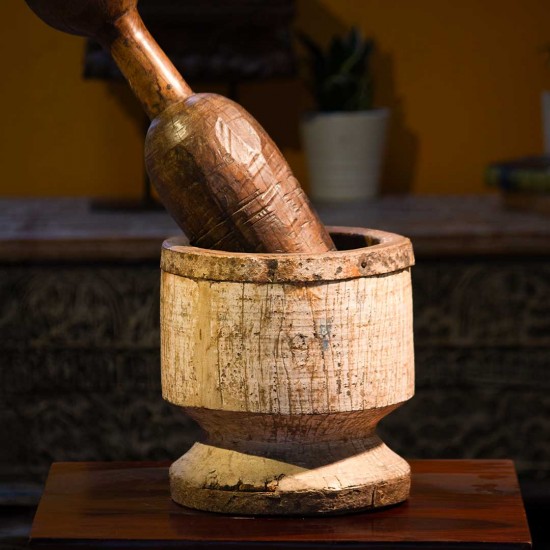 Distressed white wooden okhli vintage Indian decor accent