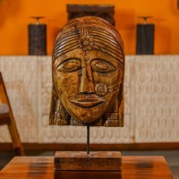 Hand carved tribal woman face sculpture polished iron stand Indian home decor