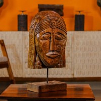 Hand carved tribal woman face sculpture polished iron stand Indian home decor