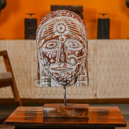 Hand carved tribal woman face sculpture distressed white iron stand Indian decor