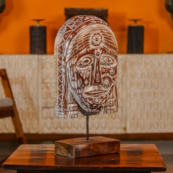 Hand carved tribal woman face sculpture distressed white iron stand Indian decor
