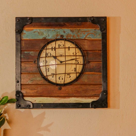 Reclaimed wood industrial style wall clock iron frame rustic home decor