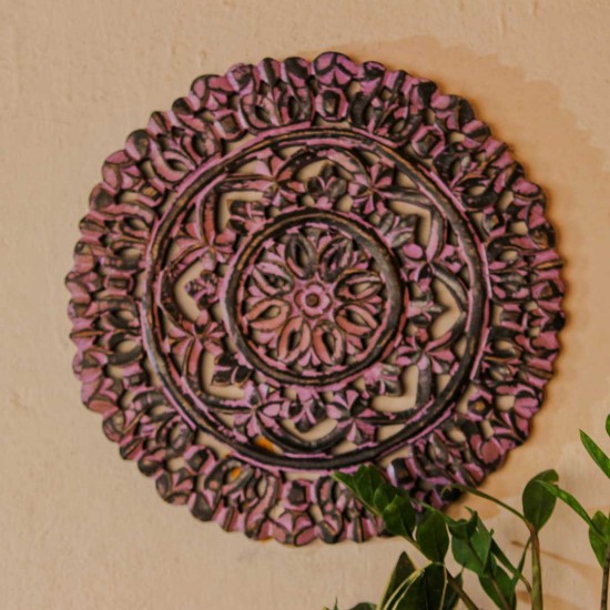 Hand carved wooden mandala wall panel purple ethnic Indian wall decor