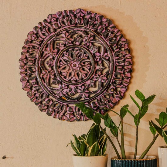 Hand carved wooden mandala wall panel purple ethnic Indian wall decor