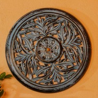Hand carved wooden mandala wall panel blue ethnic Indian wall decor