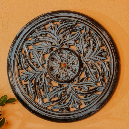 Hand carved wooden mandala wall panel blue ethnic Indian wall decor