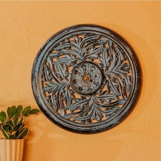 Hand carved wooden mandala wall panel blue ethnic Indian wall decor