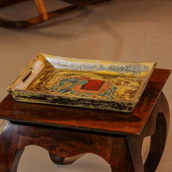 Hand painted golden wooden tray elephant motif Rajasthani Indian decor