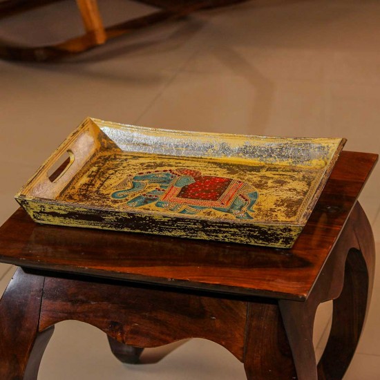 Hand painted golden wooden tray elephant motif Rajasthani Indian decor