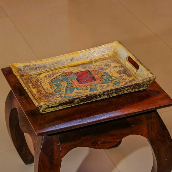 Hand painted golden wooden tray elephant motif Rajasthani Indian decor