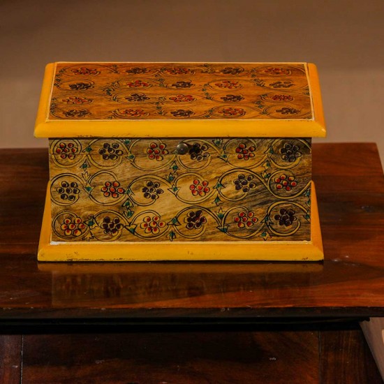 Handmade yellow wooden box hand painted floral ethnic Indian decor gift