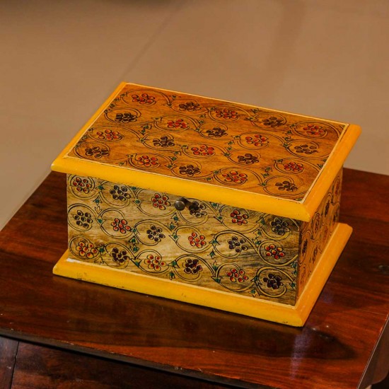 Handmade yellow wooden box hand painted floral ethnic Indian decor gift