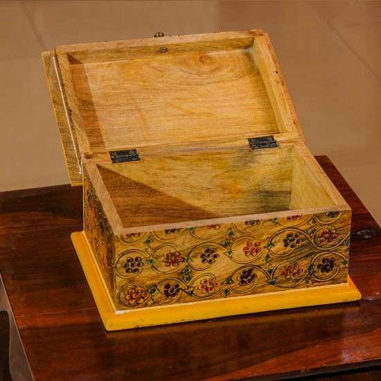 Handmade yellow wooden box hand painted floral ethnic Indian decor gift