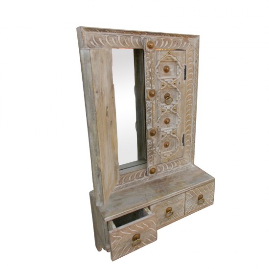 Wooden Window Mirror Frame With Three Drawers - White Distressed
