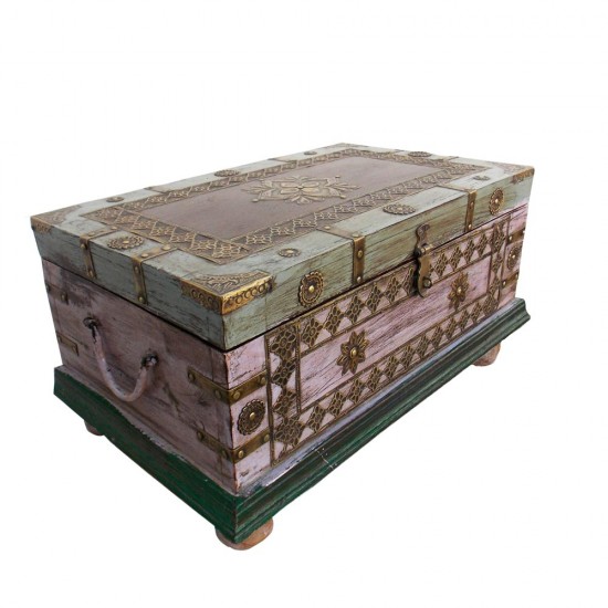 Vintage Finished Pastel Coloured Wooden Sandook Treasure Box - Embossed Antique Brass Fitting