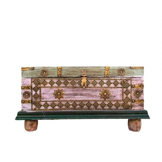 Vintage Finished Pastel Coloured Wooden Sandook Treasure Box - Embossed Antique Brass Fitting