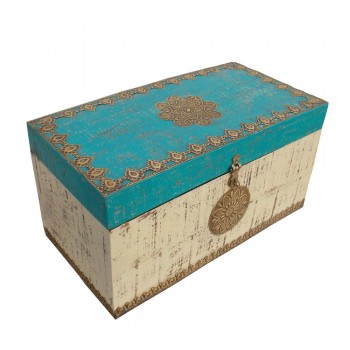 Distressed Painted Wooden Treasure Box With Embossed Brass Art Work - Small