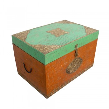 Distressed Painted Wooden Treasure Box With Embossed Brass Art Work - Large