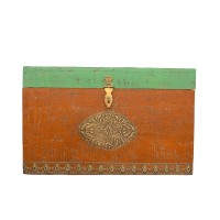 Distressed Painted Wooden Treasure Box With Embossed Brass Art Work - Large