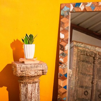 Reclaimed wood mosaic art mirror frame statement wall decor