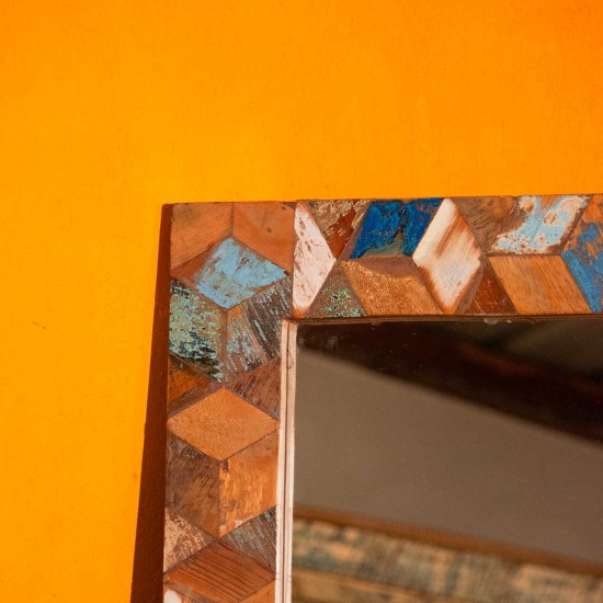 Reclaimed wood mosaic art mirror frame statement wall decor