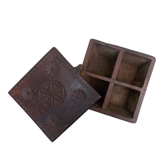 Sliding Top Vintage Wooden Spice Box - 4 Partitions 