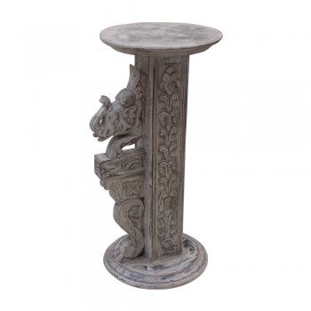 Carved Wooden Elephant Pillar - Distressed White