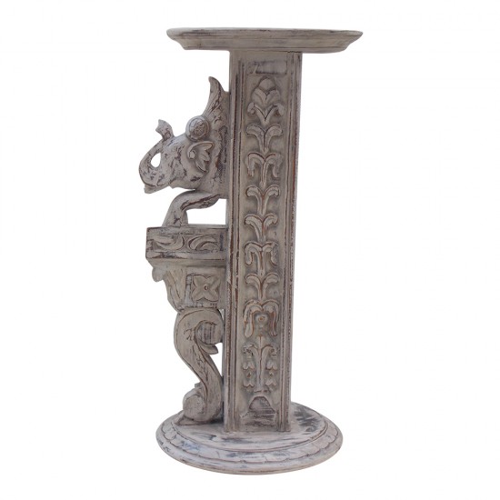 Carved Wooden Elephant Pillar - Distressed White