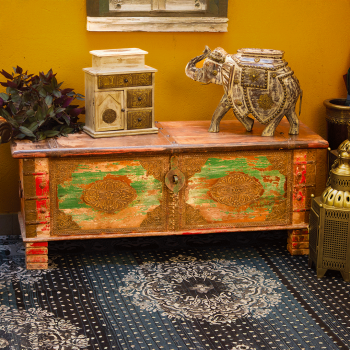 Rustic wooden treasure box pitara with distressed finish – front view storage chest