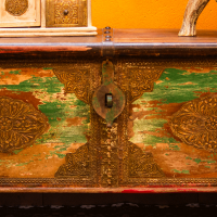 Rustic wooden treasure box pitara with distressed finish – front view storage chest Rustic wooden treasure box pitara with distressed finish – front view storage chest