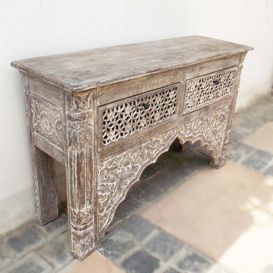 Distressed Antique Finished Carved Wooden Console - White Wash with Two Drawers