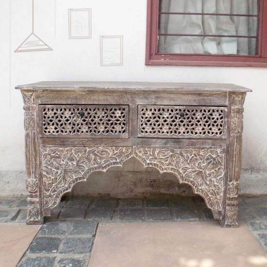 Distressed Antique Finished Carved Wooden Console - White Wash with Two Drawers