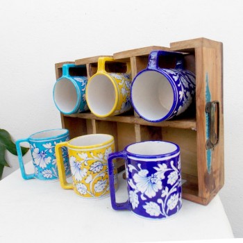 Reclaimed Wood Tray with 6 Blue Pottery Mugs- Camping Style.