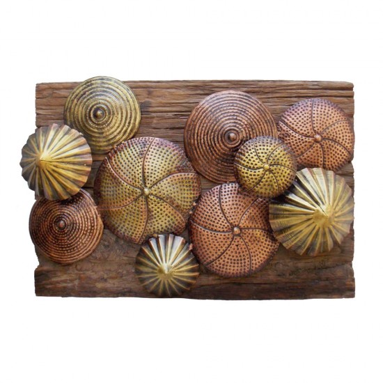 Railway Sleeper Wood Decorative Wall Panel - Antique Copper & Brass Finished Iron Flowers