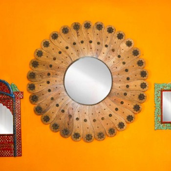 Round Floral Mirror Frame-  Natural Wood, Dia 48 Inch