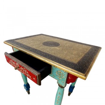 Painted Rectangular Table with Brass Artwork