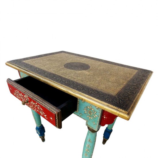 Painted Rectangular Table with Brass Artwork