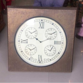 5 Time Zone World Old Clock - Brass Square 24 x 24 Inches