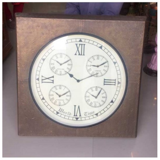 5 Time Zone World Old Clock - Brass Square 24 x 24 Inches