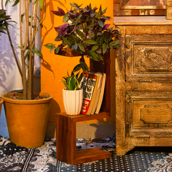Wooden wall shelf book rack mounted on wall with books and décor