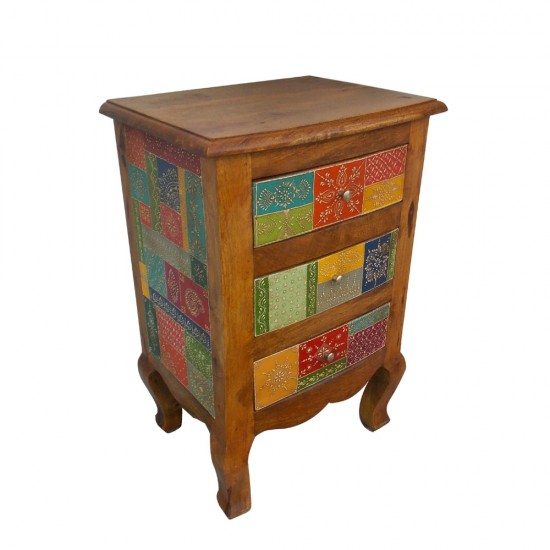 Three Drawers Cabinet/ Bed Side in a Classy Combination of Honey Polish and Colorful Geometrical Motifs Three Drawers Cabinet/ Bed Side in a Classy Combination of Honey Polish and Colorful Geometrical Motifs
