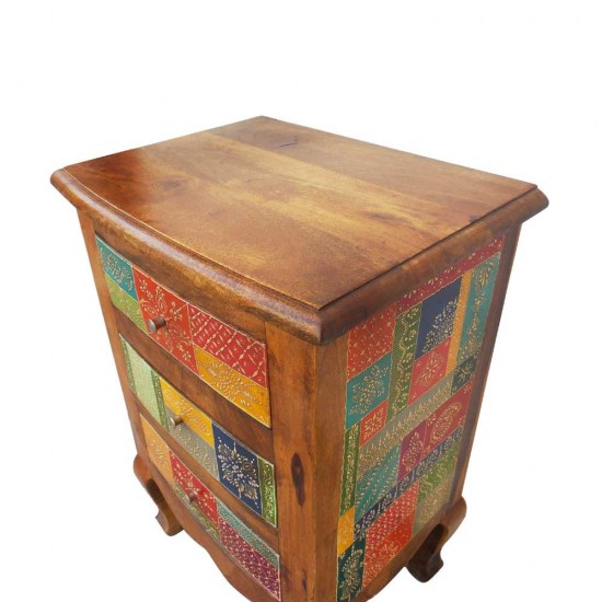 Three Drawers Cabinet/ Bed Side in a Classy Combination of Honey Polish and Colorful Geometrical Motifs Three Drawers Cabinet/ Bed Side in a Classy Combination of Honey Polish and Colorful Geometrical Motifs